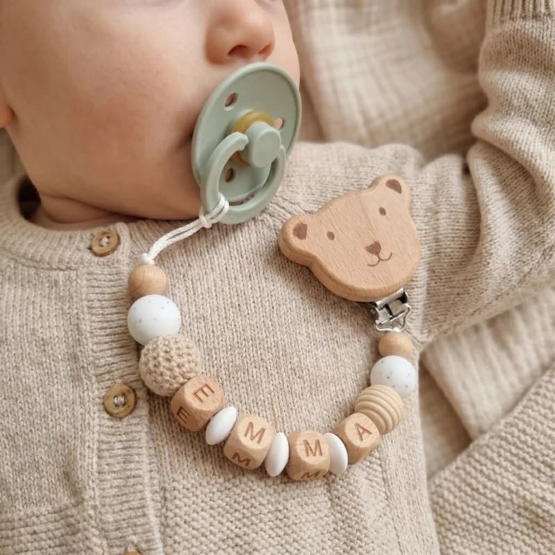 Catenella Portaciuccio Personalizzata con Nome, Perline in Silicone e Legno, Massaggiagengive per Neonati, Senza BPA, Regalo per Baby Shower