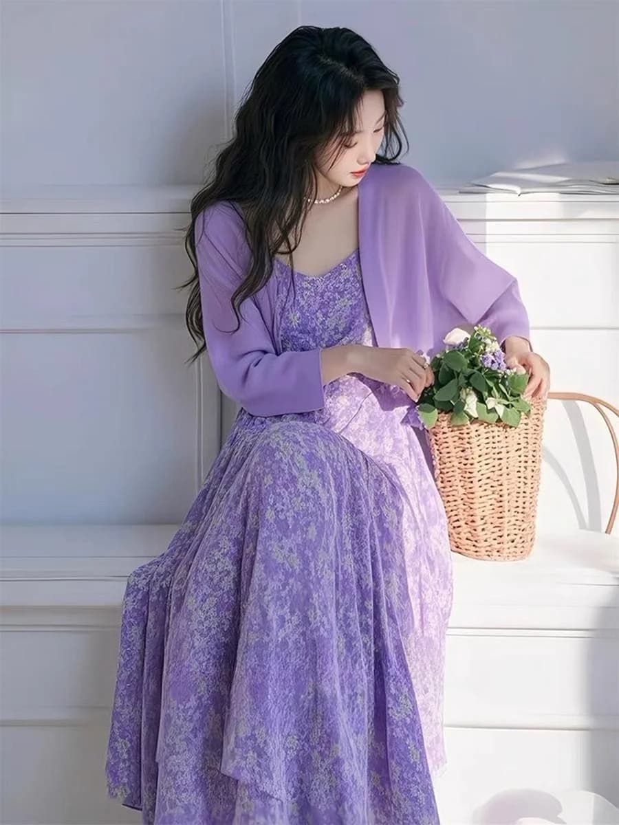 Elegante Abito a Fascia con Stampa Floreale Viola da Donna, Stile Casual Primavera Estate, Gonna a Trapezio, Taglie Forti, per Primavera Autunno