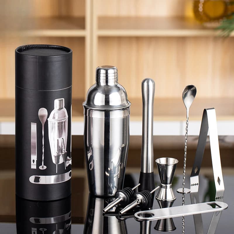Set da cocktail portatile in acciaio inossidabile, kit da 8 pezzi con secchio rotondo per la conservazione, per casa e bar
