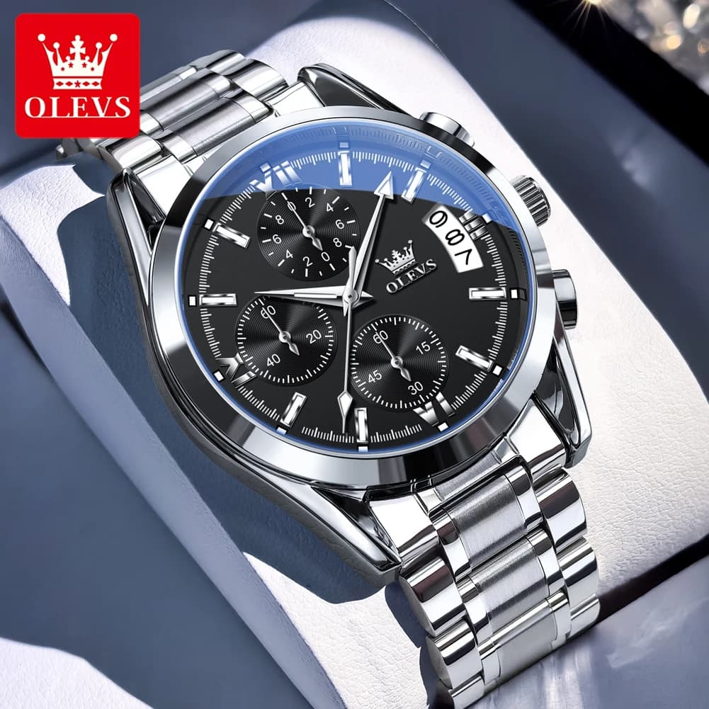 OLEVS Orologi da uomo Moda casual Cinturino in acciaio inossidabile massiccio Orologio al quarzo originale per uomo Cronografo con data luminosa impermeabile