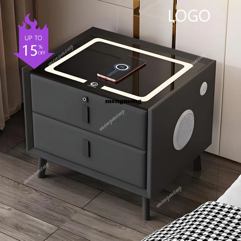 Comodino Smart D80 in Legno Massello con Ricarica Wireless, Serratura a Impronta Digitale, Altoparlante e Ricarica USB, 2 Cassetti