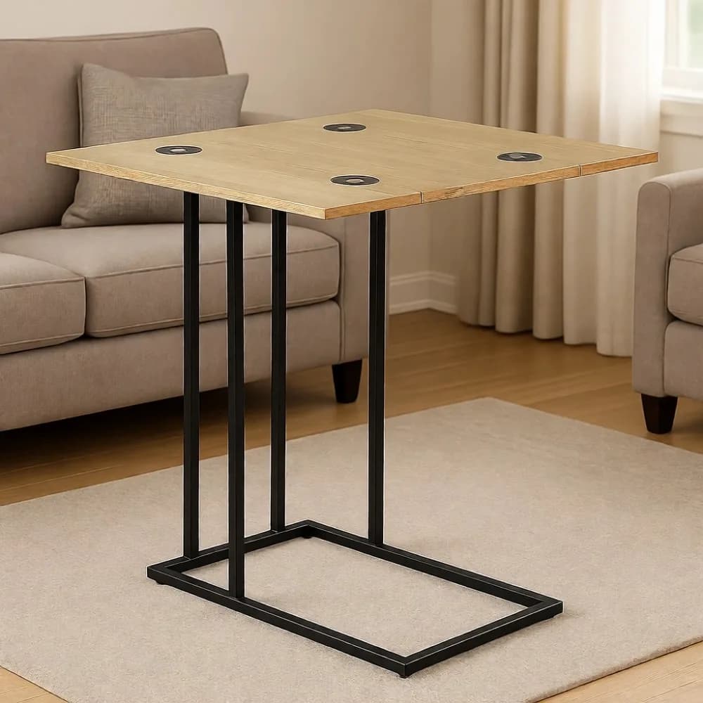 Tavolino Pieghevole a C per Divano Letto, Vassoio Scorrevole per Snack, Supporto per Laptop 26 Pollici, Legno Naturale Stile Mid-Century Modern