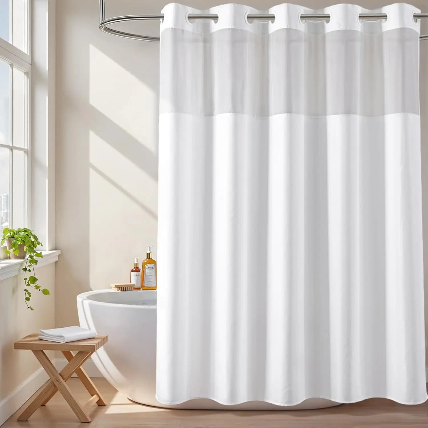 White fabric shower curtain with transparent window, water repellent, washing machine, 71"W x 74"L