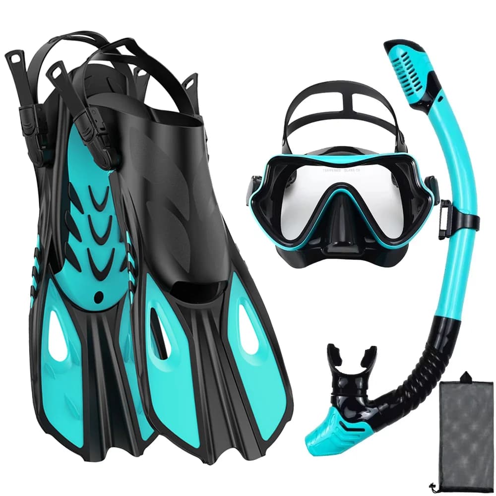 Fin Snorkel Set Snorkeling Equipment for Adults Panoramic View Snorkeling Flipper Snorkel Adjustable Snorkeling Mask and Travel Bag