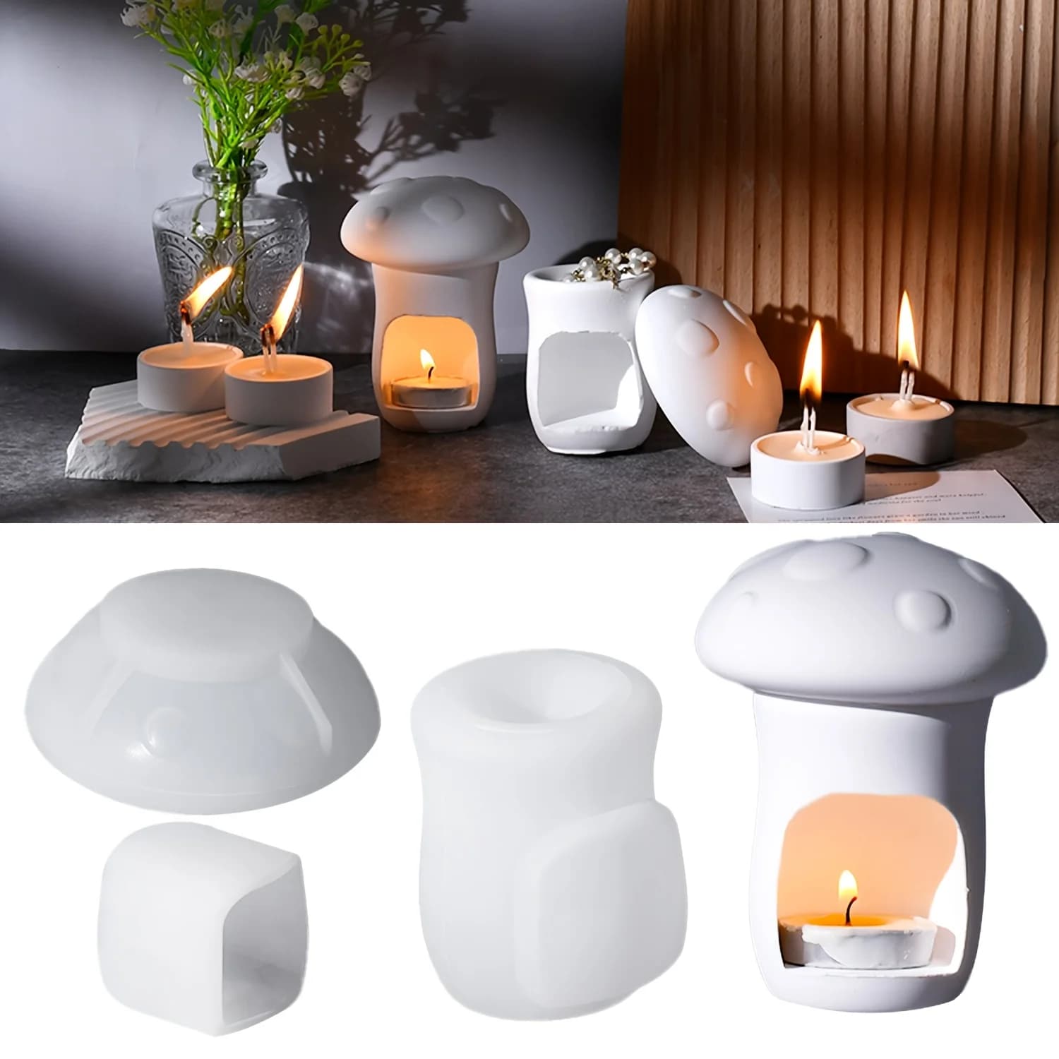 Stampi in resina, stampi in silicone per portacandele a forma di fungo cavo, stampi in gesso per ornamenti portacandele profumati