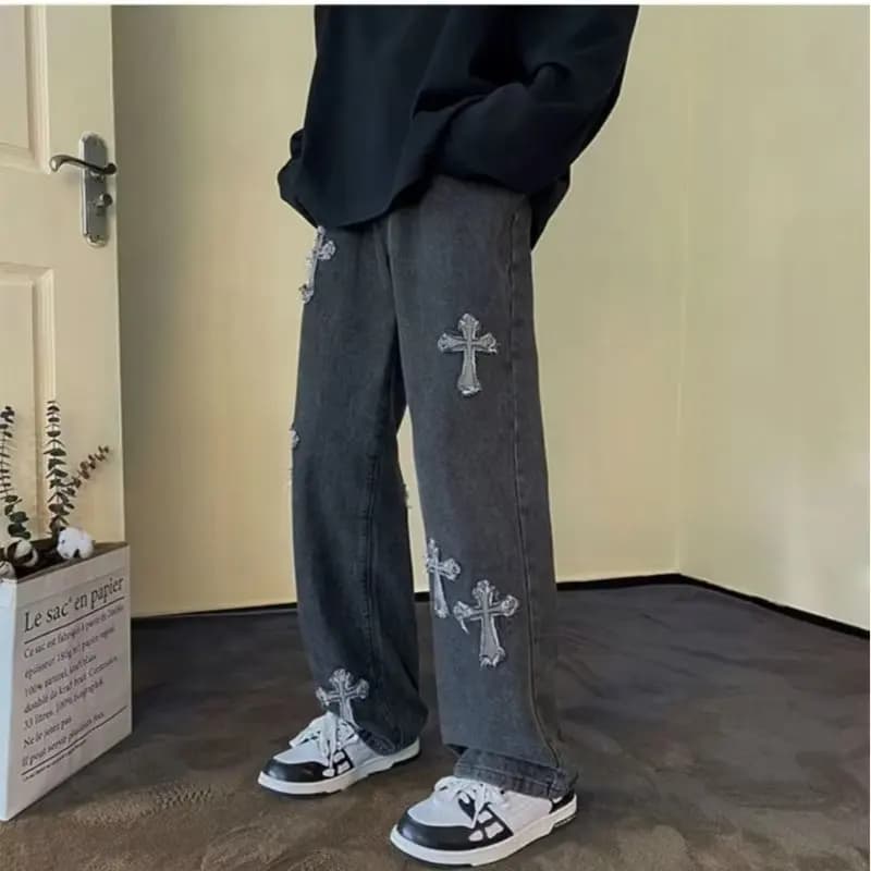 Jeans Y2k con ricamo incrociato Pantaloni jeans dritti da uomo Jeans vintage casual Pantaloni da strada primaverili alla moda versatili
