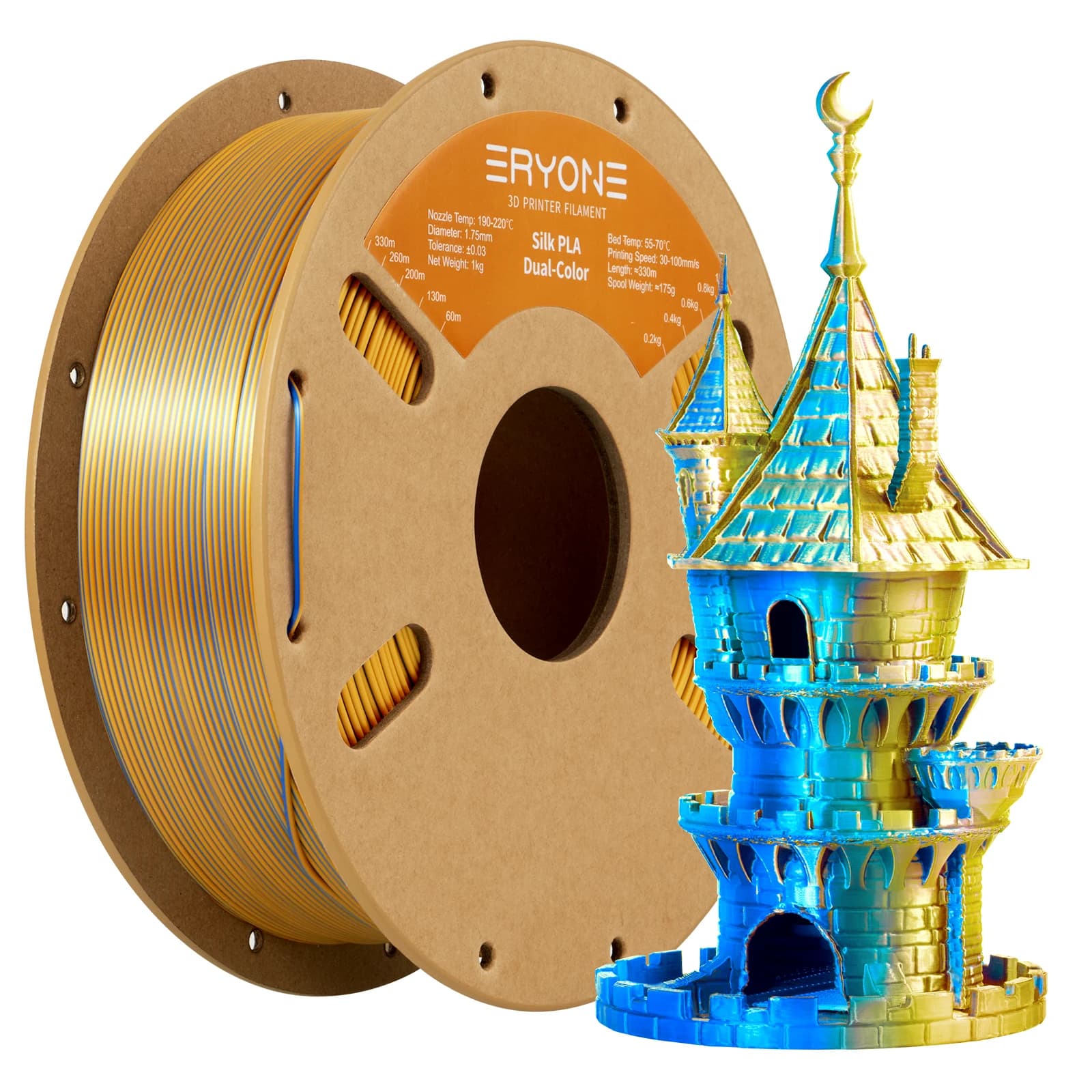 Filamento per Stampante 3D ERYONE 1KG in PLA Bicolore Effetto Seta 1.75mm, Coestrusione Bicolore Finitura Lucida Setosa, Bobina da 1kg