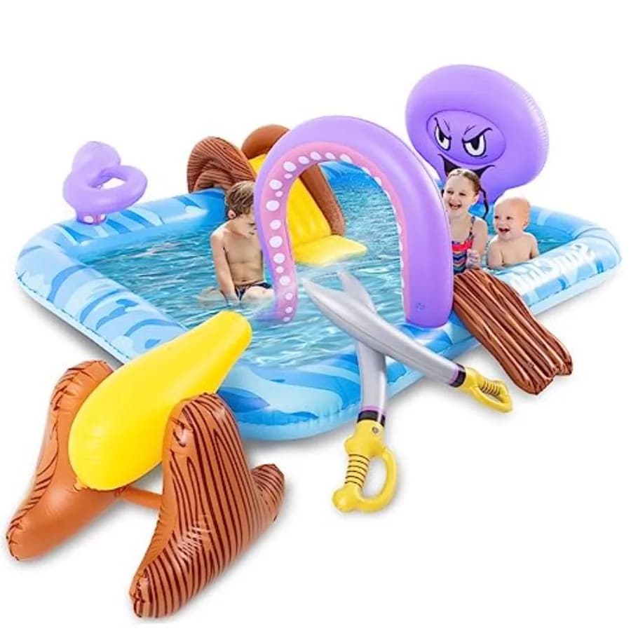 Centro giochi gonfiabile da esterno: piscina gonfiabile a forma di polpo in PVC con scivolo a base blu, blocchi di legno e scivoli d'acqua gonfiabili per bambini e