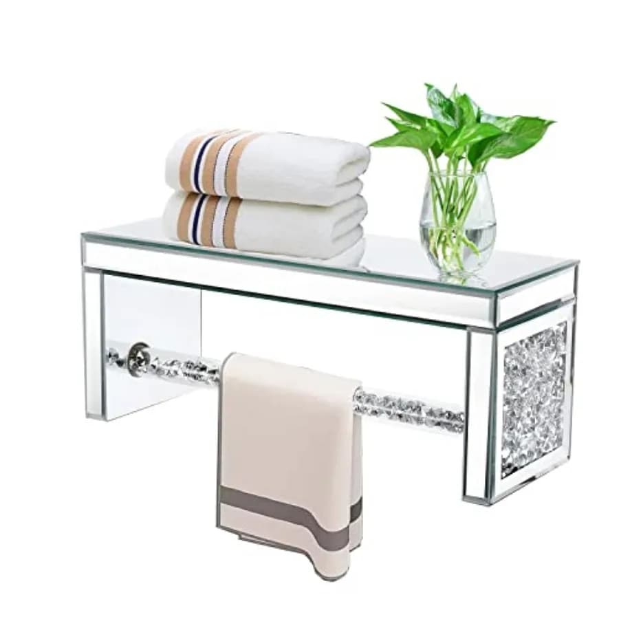 Mensola da parete in vetro a specchio. Supporto a parete per sopra il WC. Elegante Portasciugamani in Vetro con Cristalli e Diamanti. Contenitore Decorativo in Vetro