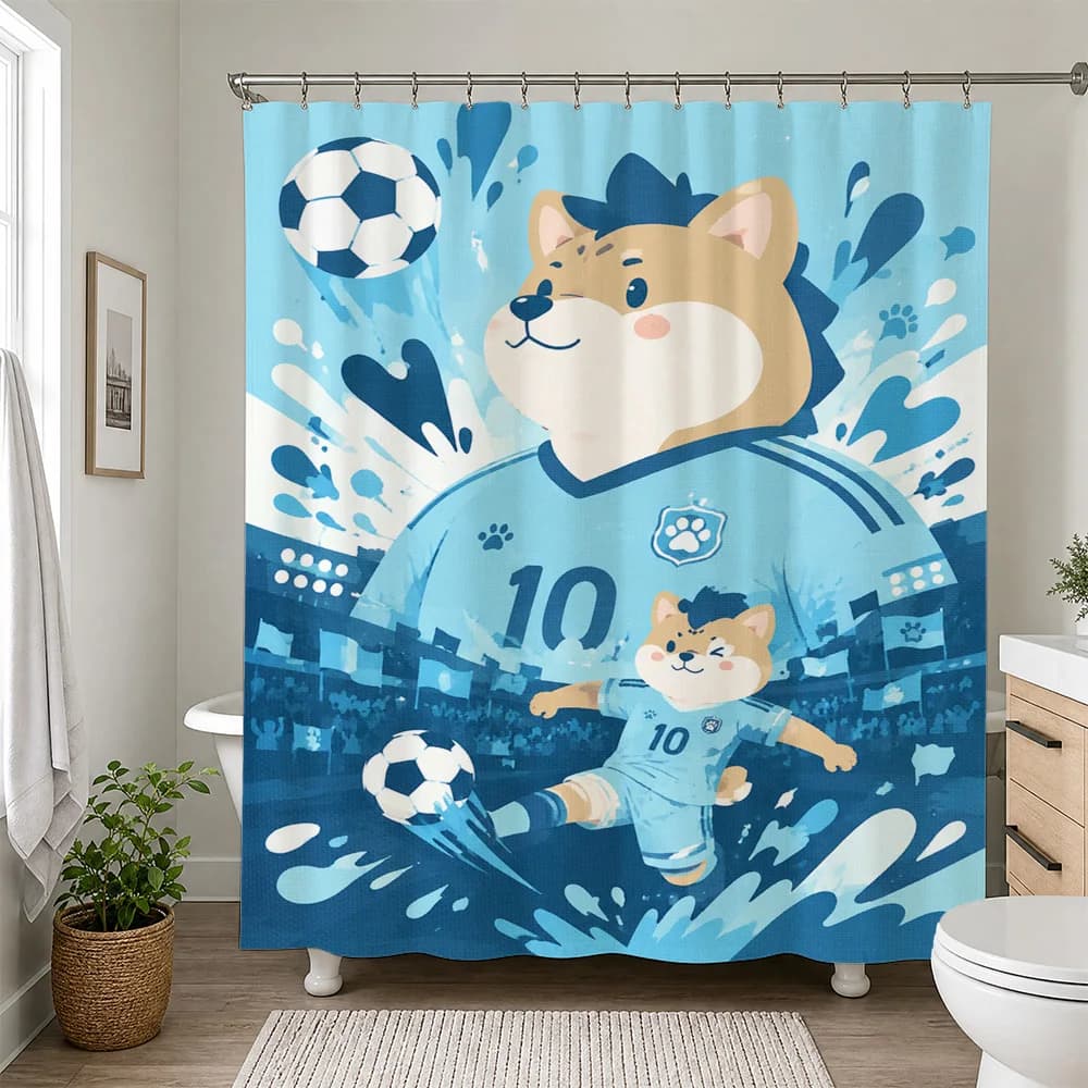 Cute Fox Mascot Soccer Shower Curtain Blue Sports Fan Bathroom Decor Novelty Shower Curtain