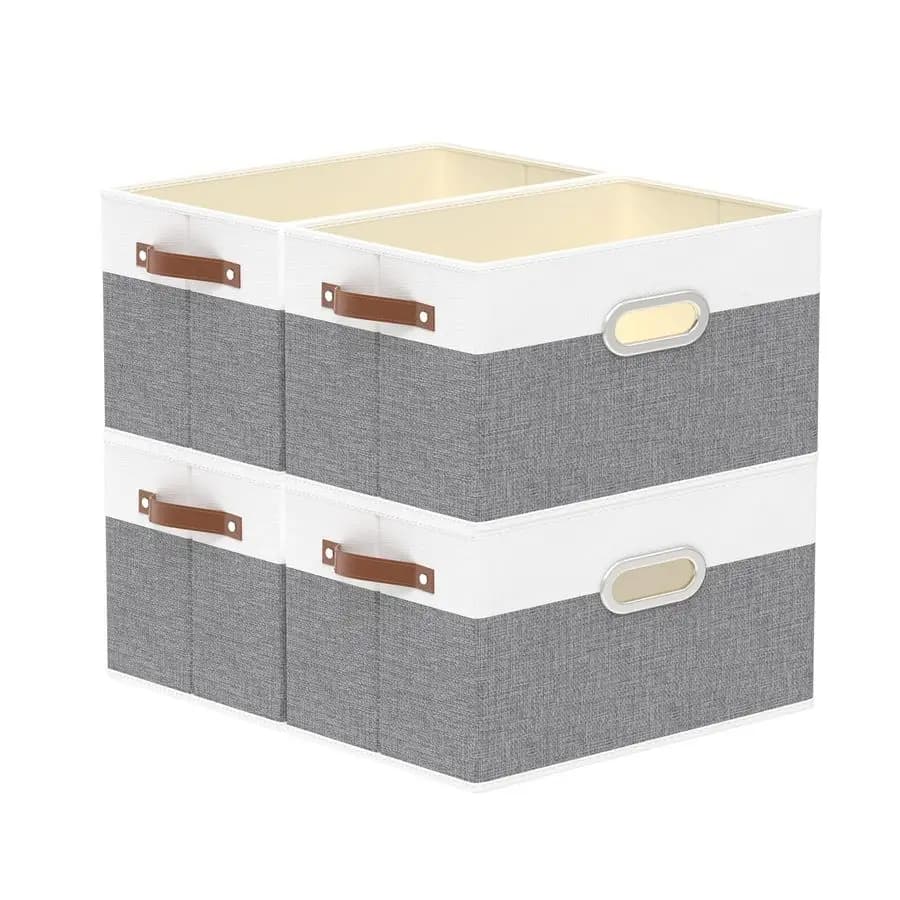 Fabric Storage Baskets, Foldable Closet Organizer for Shelves, Large Boxes with 3 Handles, Canvas Bins for Clothes, White Grey,