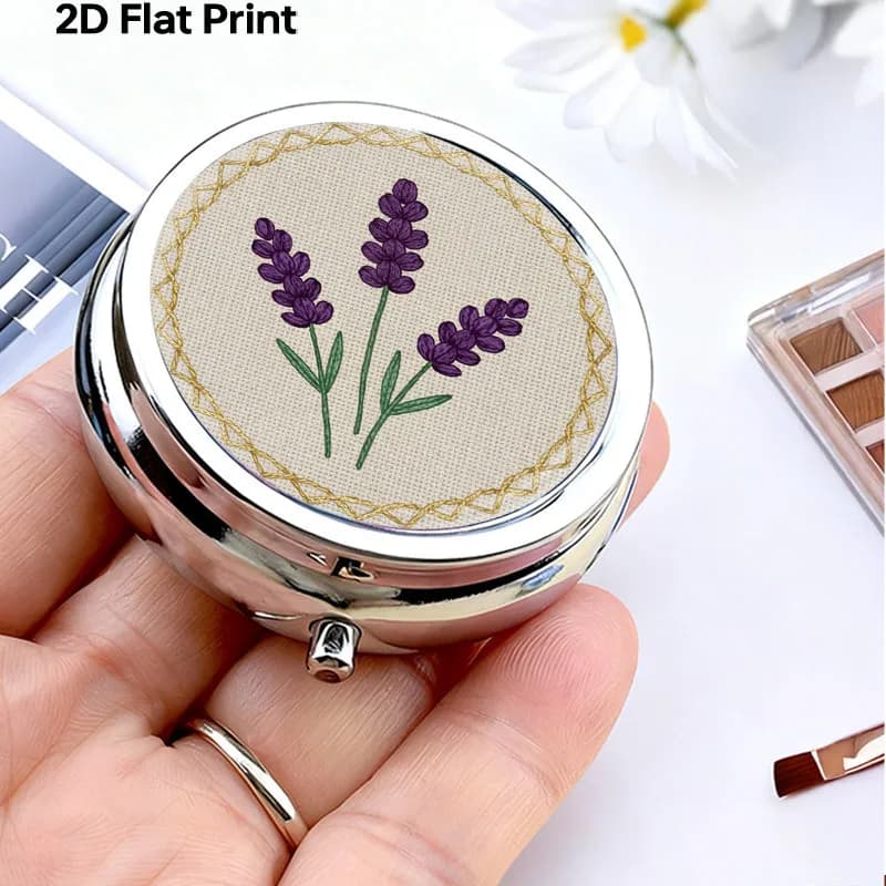 Purple Lavender Floral Embroidery Pattern Round Metal Pill Box, Three-Compartment Portable Travel Pill Case, Small Daily Supplement and Vitamin Storage Box, Compact Storage Container, Stylish Plant Design, Unique Gift for Women