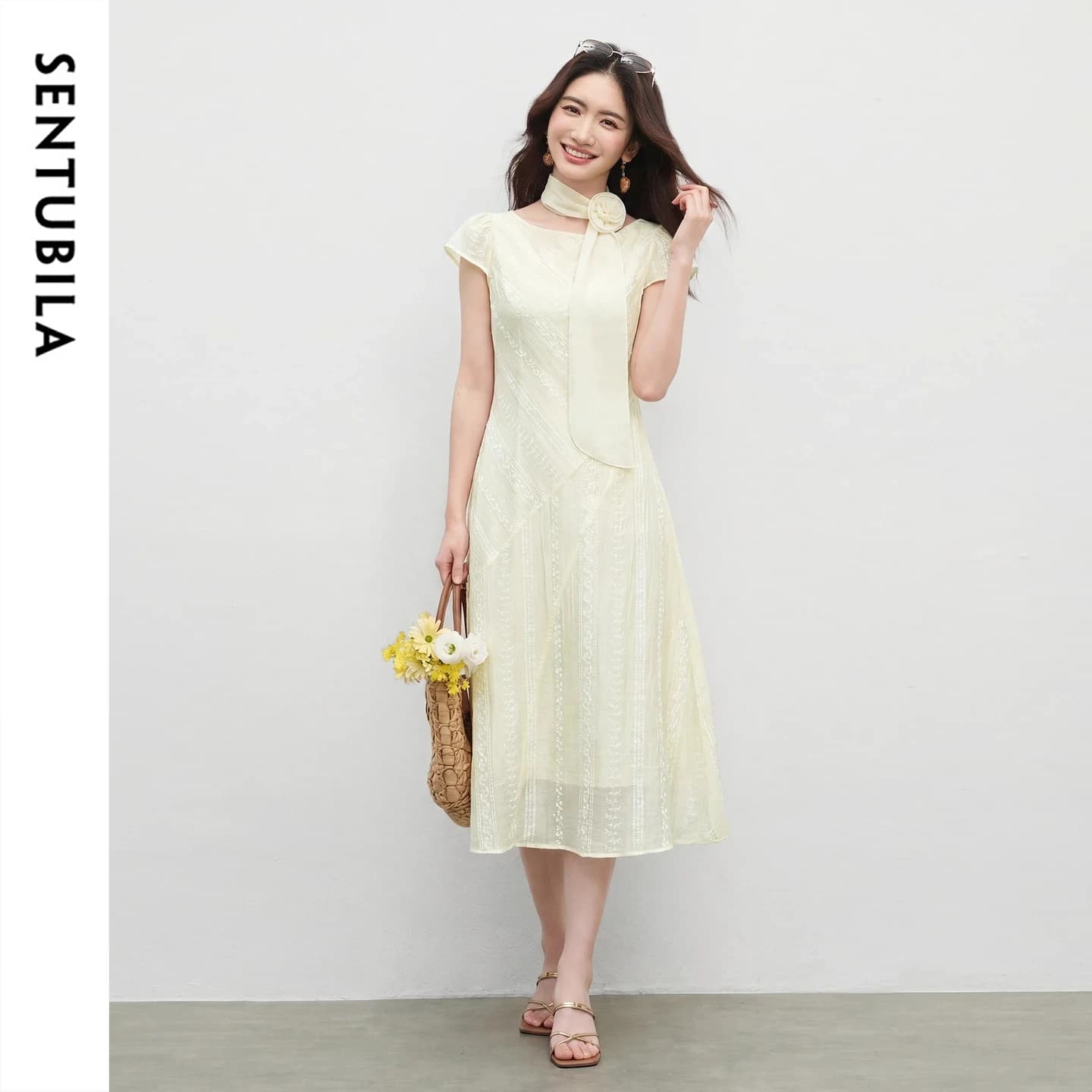 SENTUBILA Elegant Puff Sleeve A-Line Midi Dresses Women 2026 Summer Bohemian Jacquard Slim Waist Lightweight Dress Q62LI7205