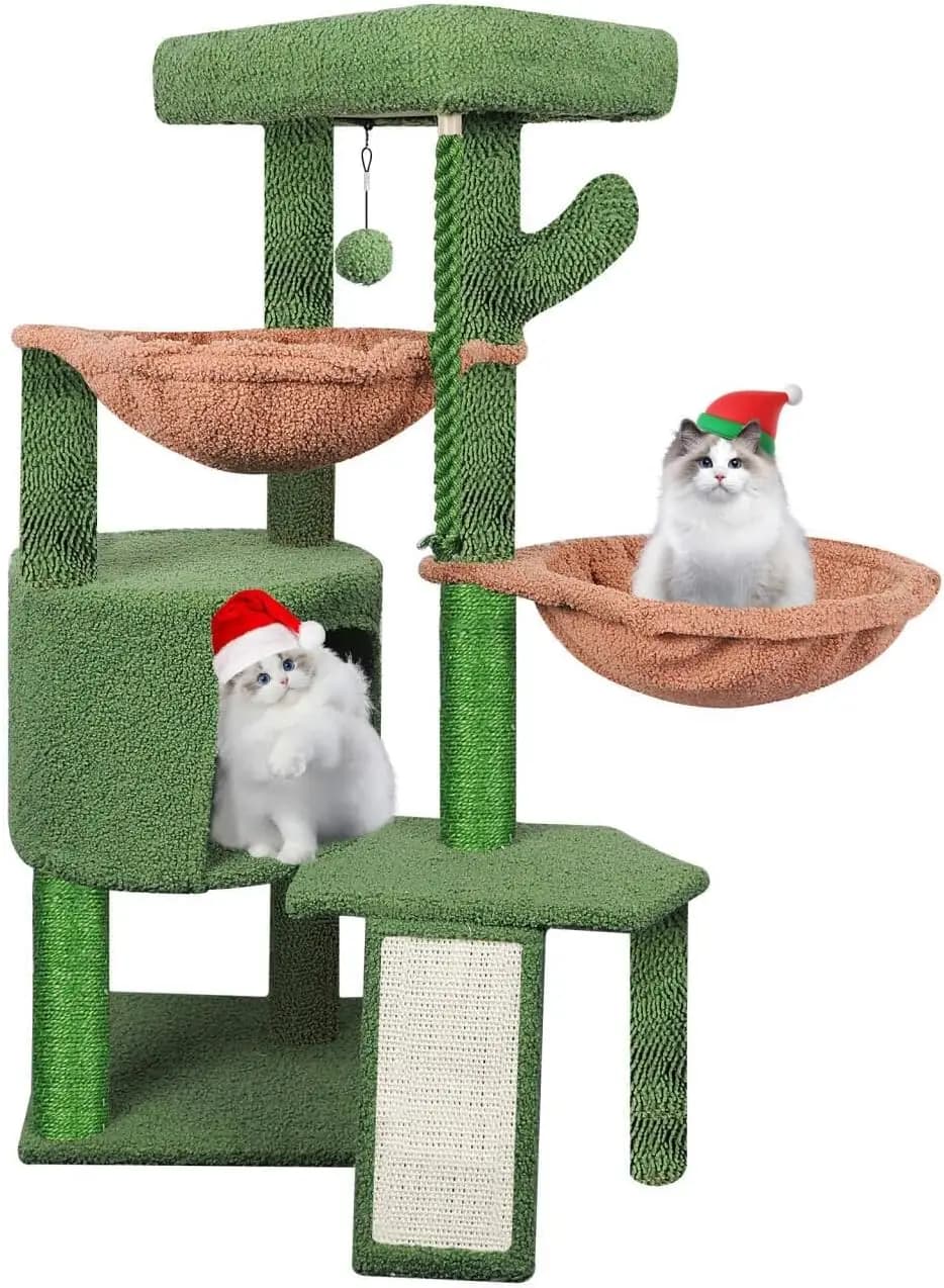 Albero per Gatti a Tre Livelli con Cuccia, Tiragraffi e Due Amache in Verde - Divertente Spazio Gioco per Gatti