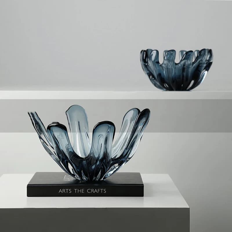 Tavolo da pranzo moderno Arte creativa Modellazione di petali Ciotola di frutta in vetro blu Tavolino da salotto Snack Ciotola di frutta secca
