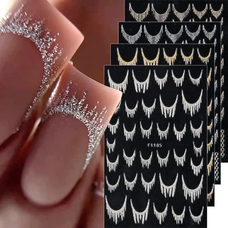 Adesivi per nail art francesi con glitter riflettenti Linea di nappe in oro argento scintillante Griglie geometriche Cursori adesivi Decalcomanie Manicure fai da te
