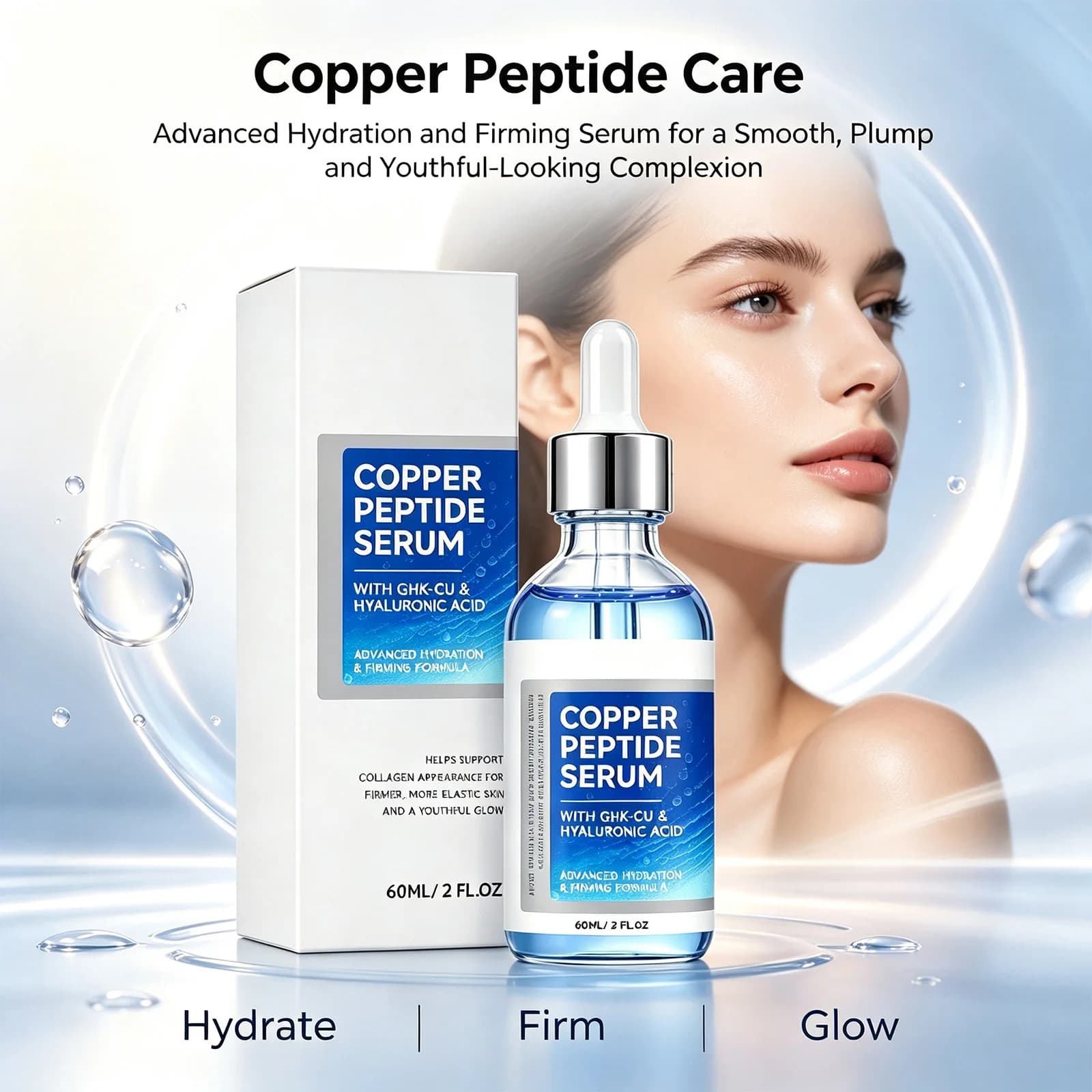 Copper Peptide Face Serum with Hyaluronic Acid & Niacinamide, GHK-Cu Hydrating Serum for Firm, Smooth & Glowing Skin 60ml
