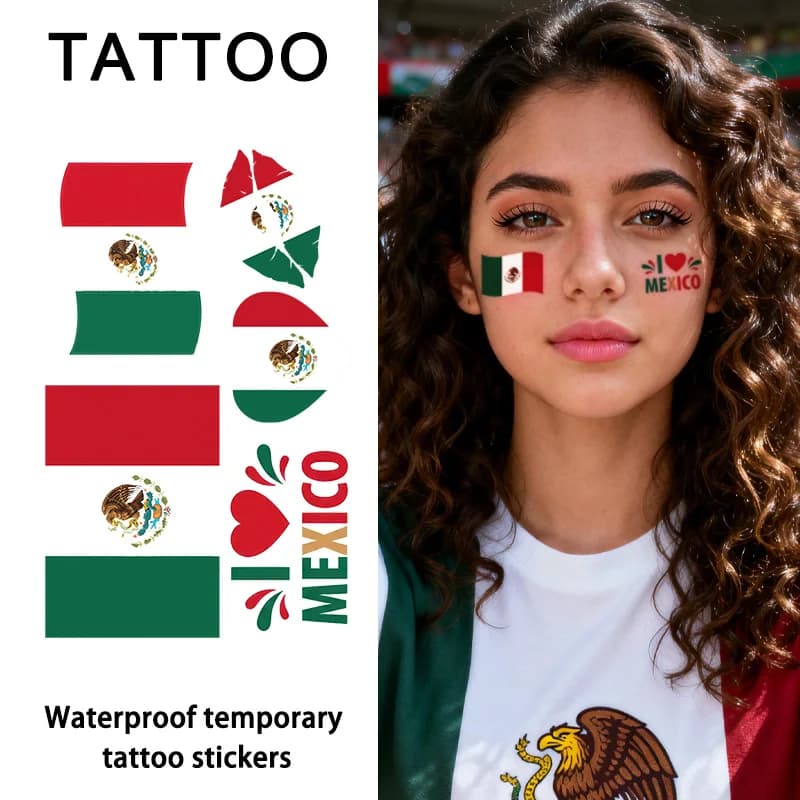 Adesivo per tatuaggio temporaneo con bandiera messicana, a lunga durata e impermeabile, per festival, calcio, adesivi per il viso per tifosi, braccio, viso