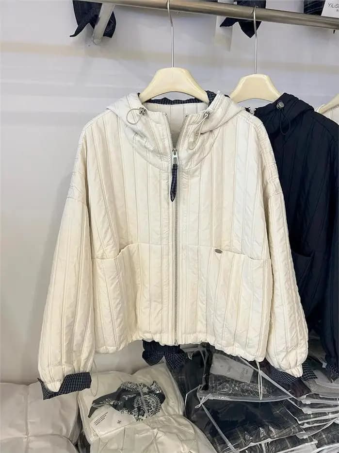 Women's Hooded Quilted Short Jacket Lightweight Cotton Blend Plaid Patchwork Two-Piece Jacket Fall New Style Thin Cotton Coat