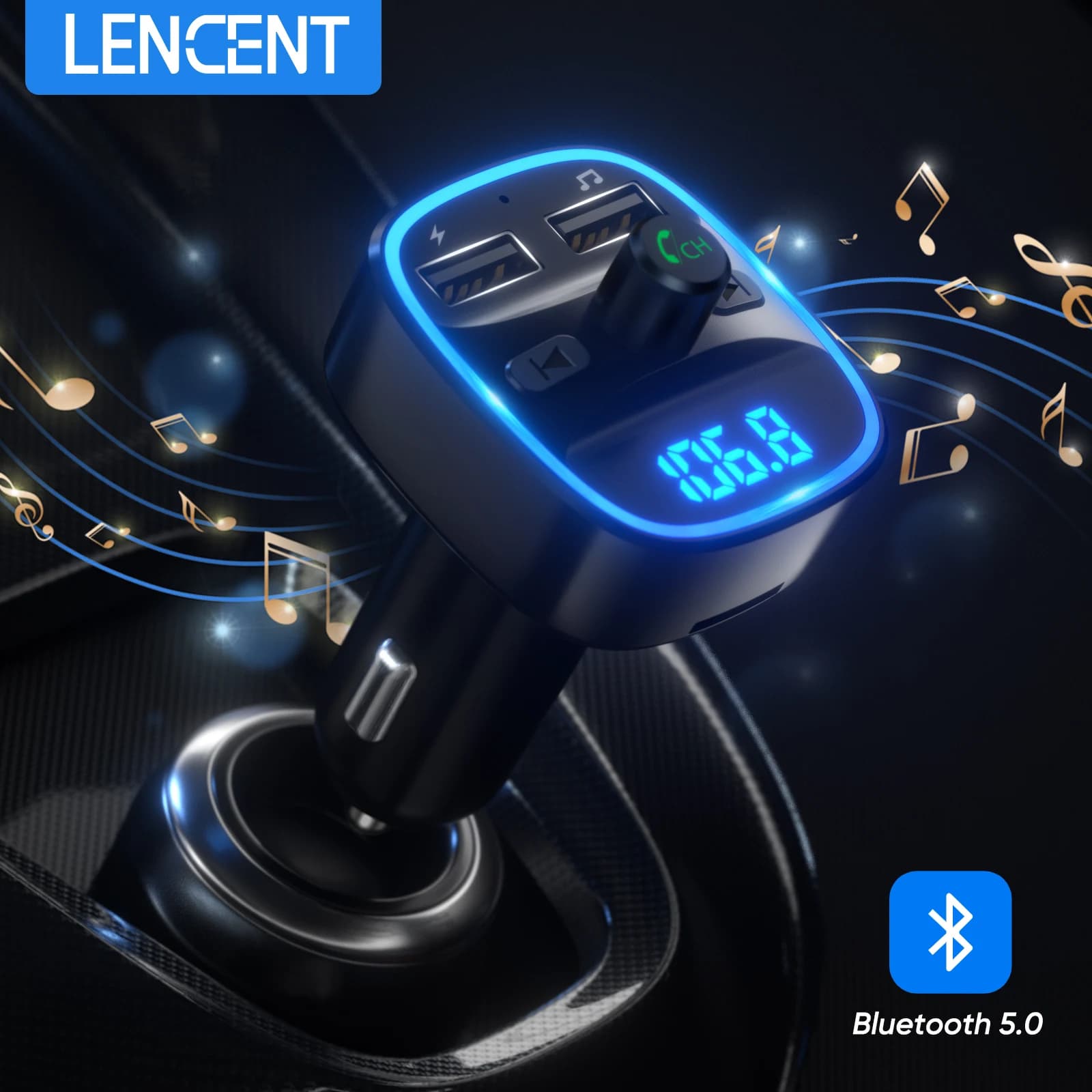 LENCENT Trasmettitore FM Bluetooth Adattatore radio wireless Kit per auto con doppia ricarica USB Caricatore per auto Lettore MP3 Supporto TF Card