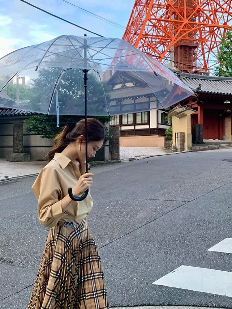 Elegant Women's Checkered Skirt And Shirt Set Long Sleeve V-Neck Color Block Plaid A-Line Skirt Collar Button Closure Su...