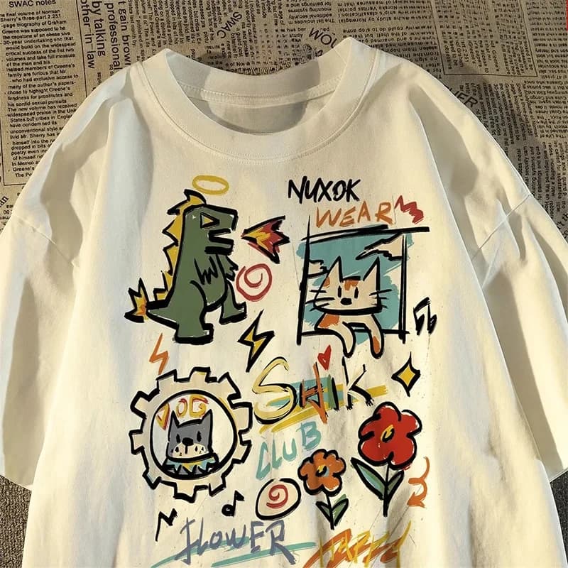 Retro Ins Cartoon Graffiti Print T-shirt da donna a maniche corte Coppia T-shirt Y2K Top Abbigliamento donna 2025 T-shirt grafiche Y2K
