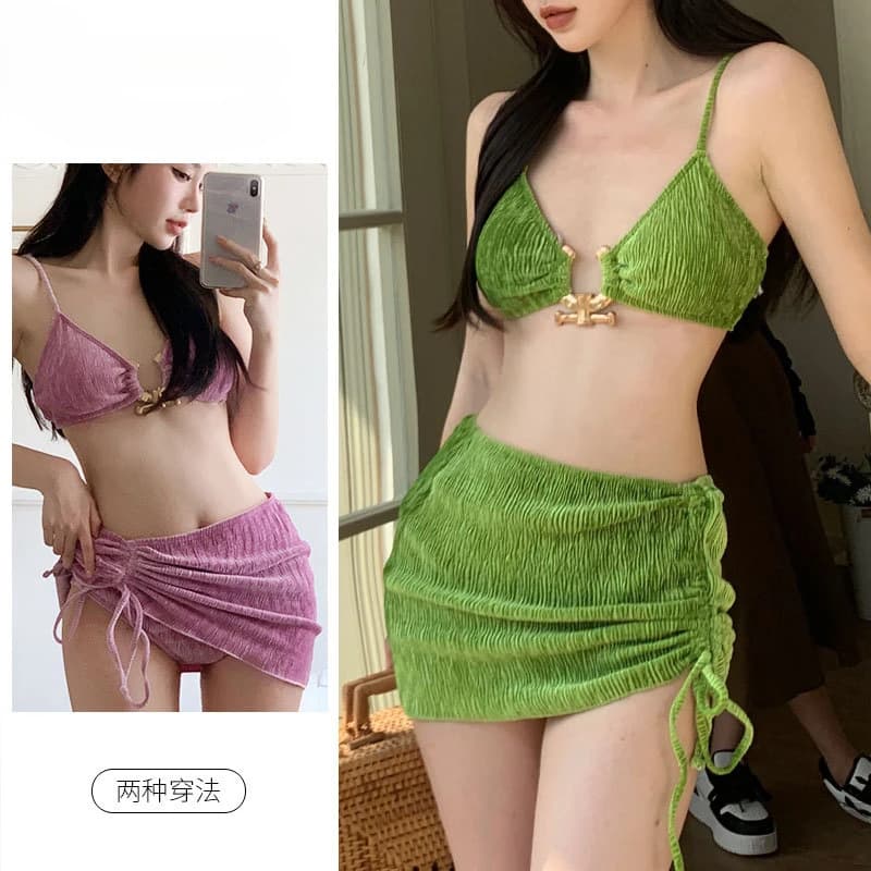 Green Velvet Bikini Three Piece Set Women Sexy Spicy Girl Swimsuit Trend Skirt Beach Vacation Soaking in Hot Springs