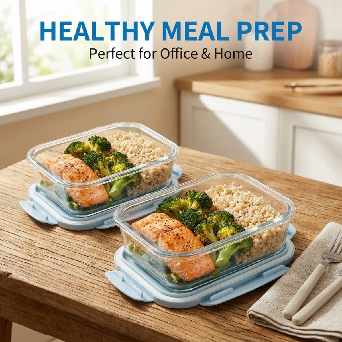 Contenitori in Vetro Ermetici per Preparazione Pasti con Coperchio Blu, Adatti al Microonde, Scatole Pranzo Impilabili per Casa e Ufficio