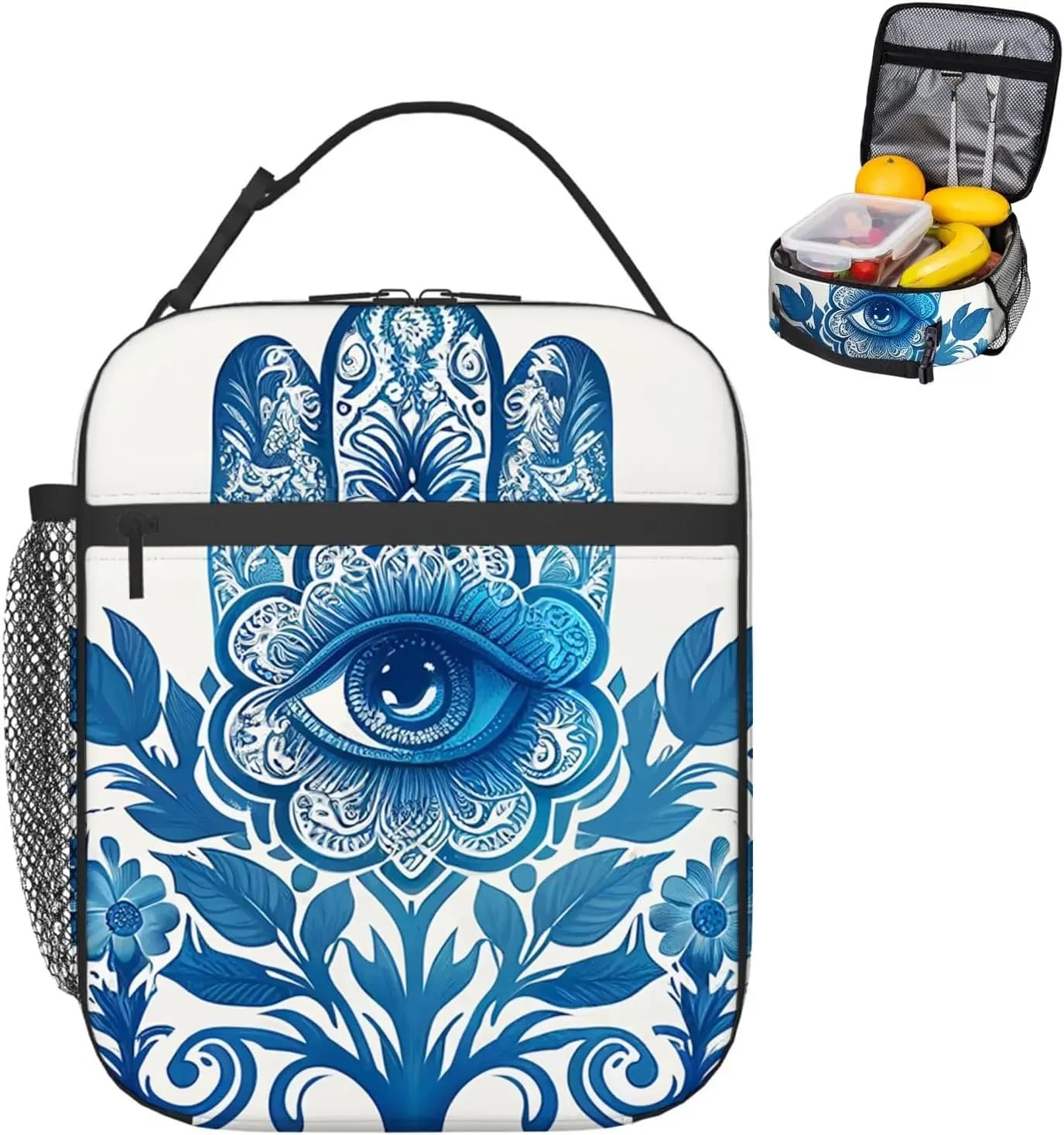 Borsa per il pranzo isolata per donne e uomini, fiore di Hamsa blu e modello di stampa occhio del male Scatola per il pranzo riutilizzabile a tenuta stagna per ufficio per adulti