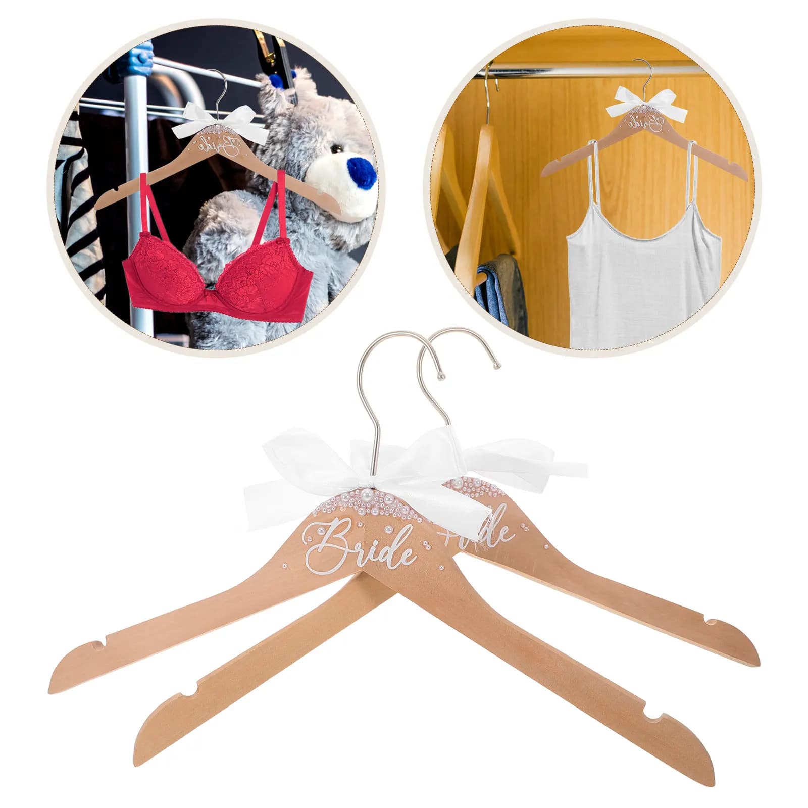 2 Pezzi Appendiabiti Elegante in Legno con Perle per Abiti da Sposa, Damigelle e Sposo - Perfetto per Servizi Fotografici