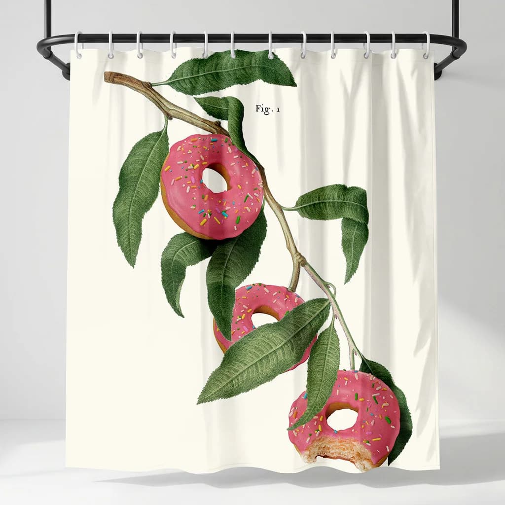 Tenda da doccia Surreal Botanical Pink Donut, Arte creativa a tema albero da frutto, Decorazione bagno dall'estetica gastronomica fantasiosa