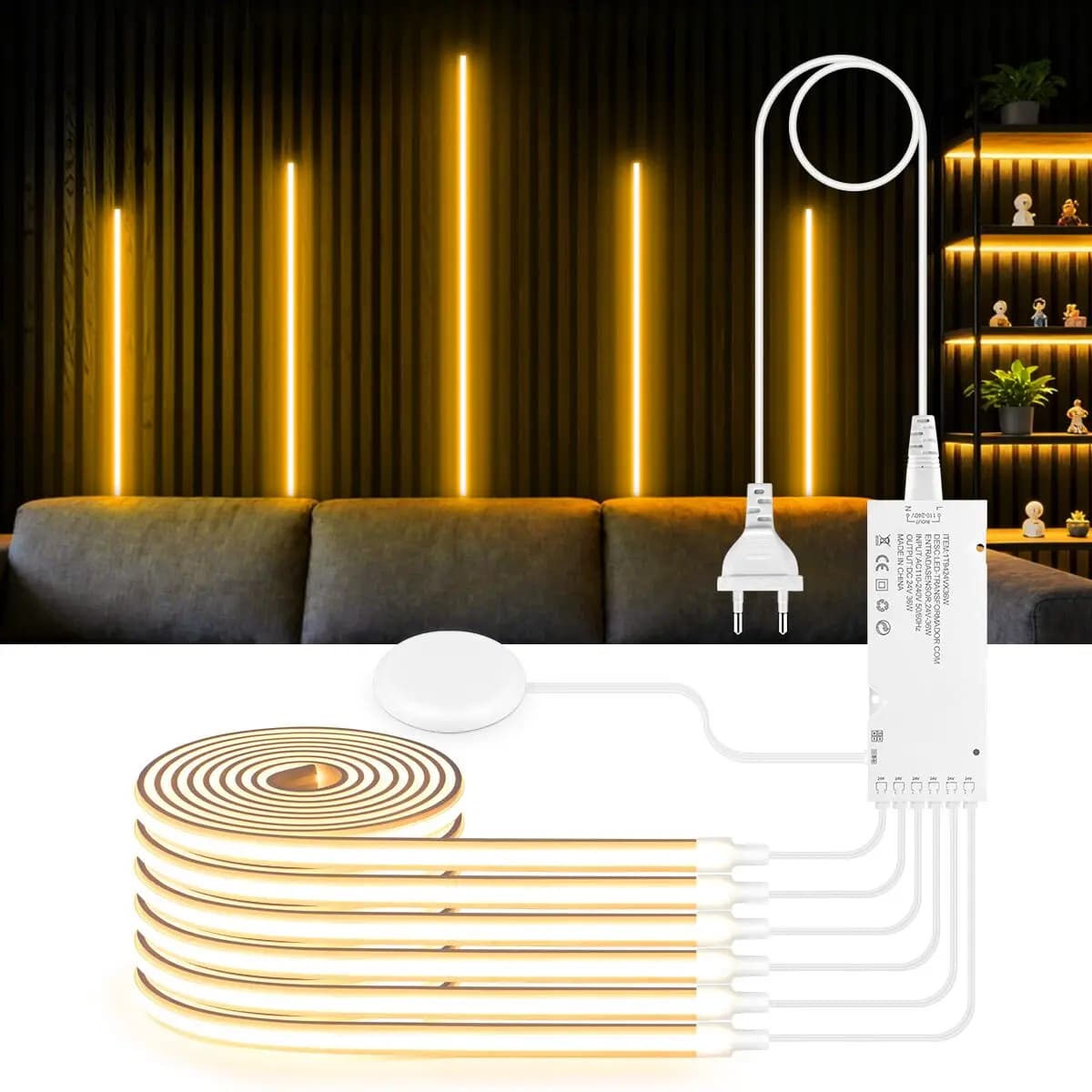 Pannello da parete acustico incorporato Decor Kit nastro luminoso autoadesivo al neon COB LED Griglia di legno Lampada da parete per tende Touch Dimmer