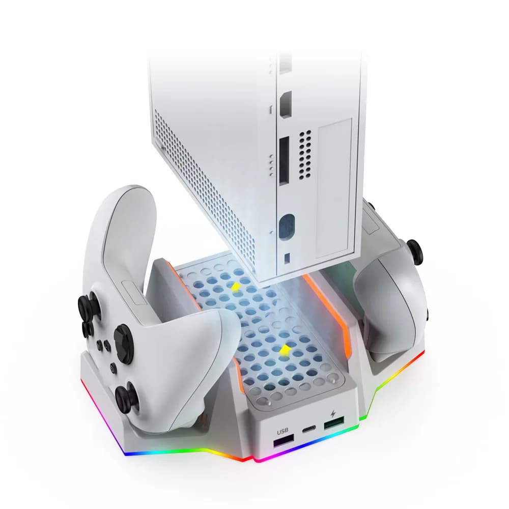 Base di Ricarica Multifunzionale per XBOX S con Ventole di Raffreddamento + Ricarica Doppio Controller, Illuminazione Ambientale RGB. Supporto di Raffreddamento per Console