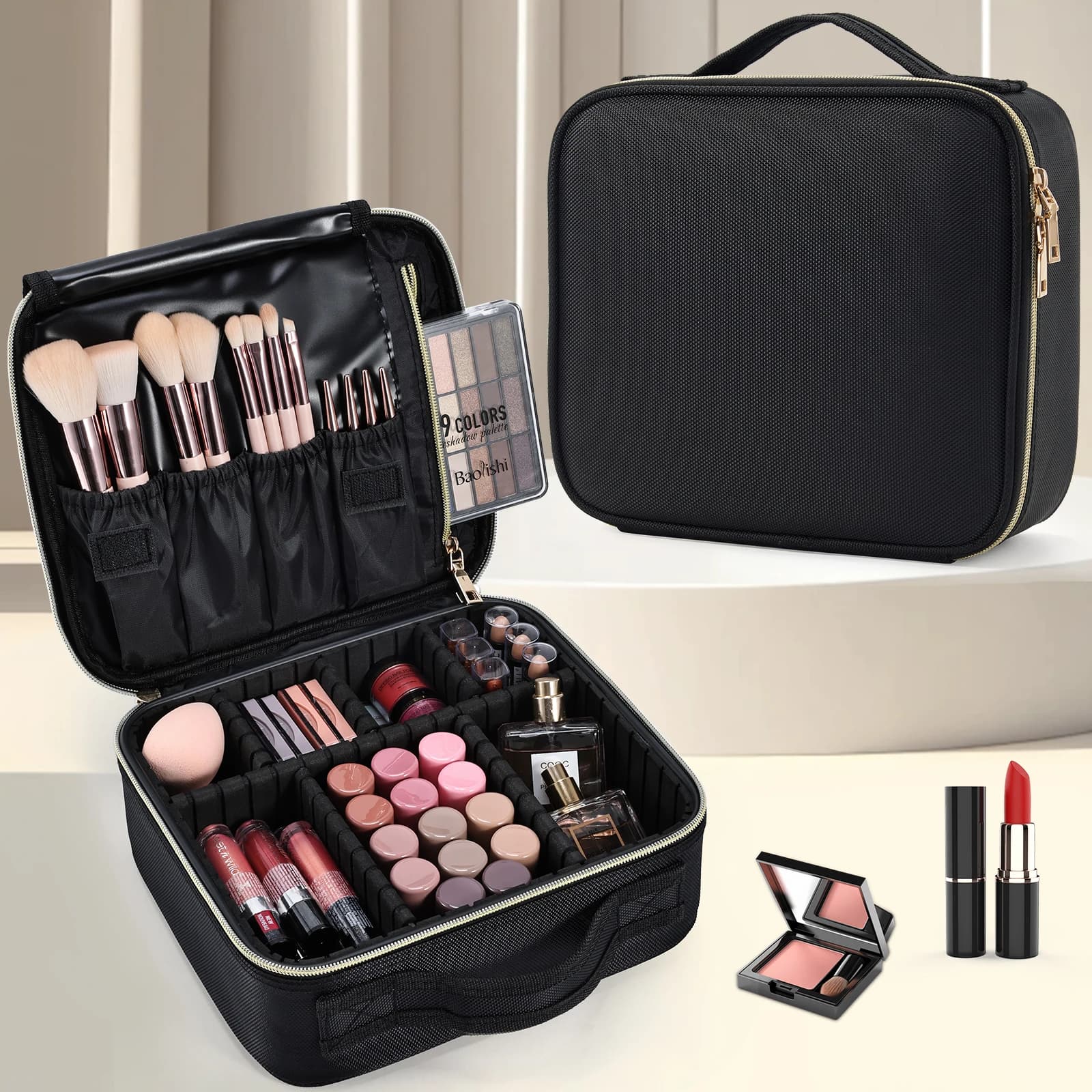 Cosmetic Case Vanity Travel Beauty Box Make Up Train Case Hairdressers Organizer with adjustable compartment