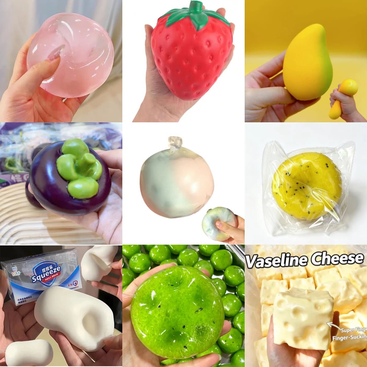 Hot 22 Styles Slow Rebound Squishy Toys Crispy Dough Vaseline Cheese Mangosteen Kiwi Mango Squeeze Ball Stress Relief for Adults