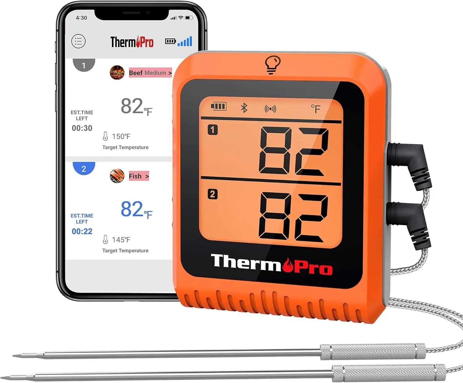 Termometro Digitale Wireless per Carne da 650 Piedi, con 2 Sonde Bluetooth per Grigliare e Affumicare, Ideale per Cucinare Tacchino e Pesce