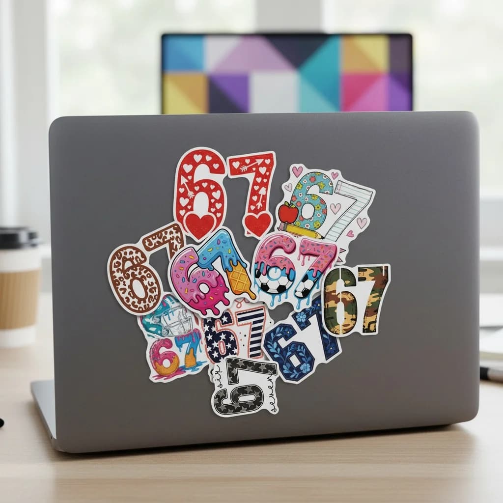 50 Digital Stickers with Number 67, Funny Numerical Stickers for Telephones and Tablets, Valigies, Borracce, Monopattini, Waterproof