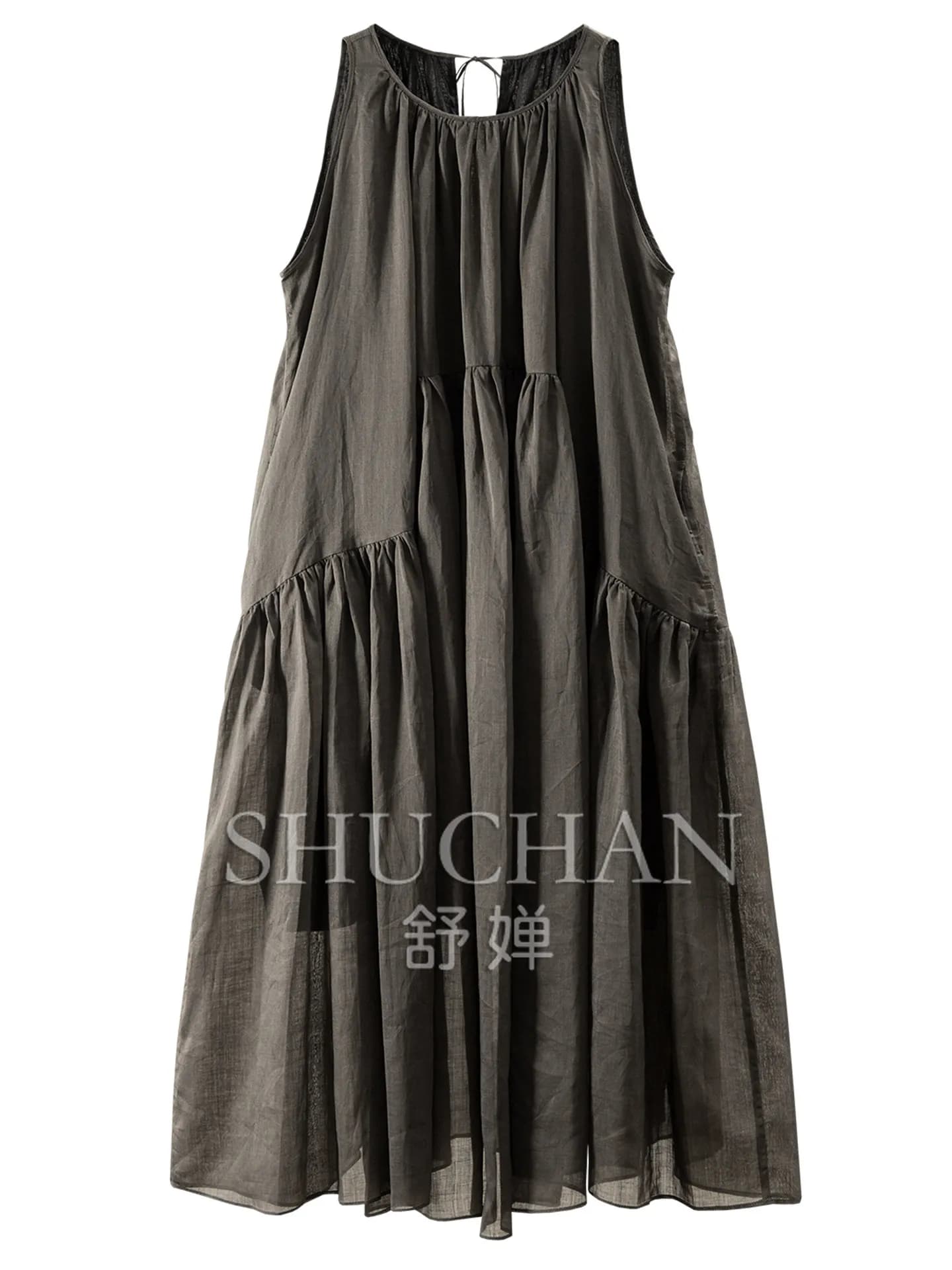 Summer Tank Dresses Design Silhouette Pleated Large Pendulum Linen Vest Dress Women 2026 New 45G8