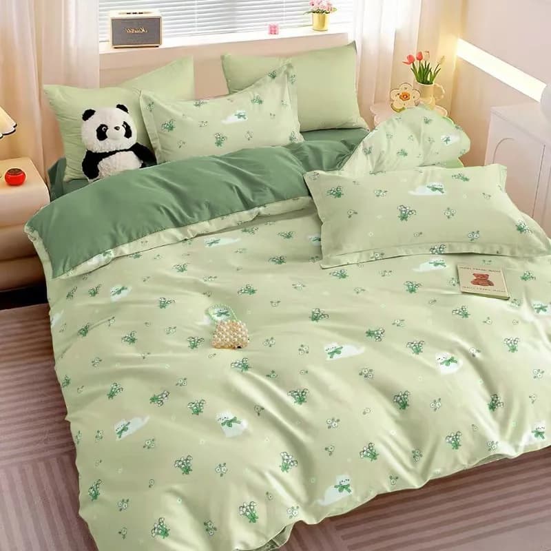 Set biancheria da letto verde cartone animato 4 pezzi 220x240 cm | Copripiumino e federe con stampa di gatti e pecora per una accogliente camera da letto di casa