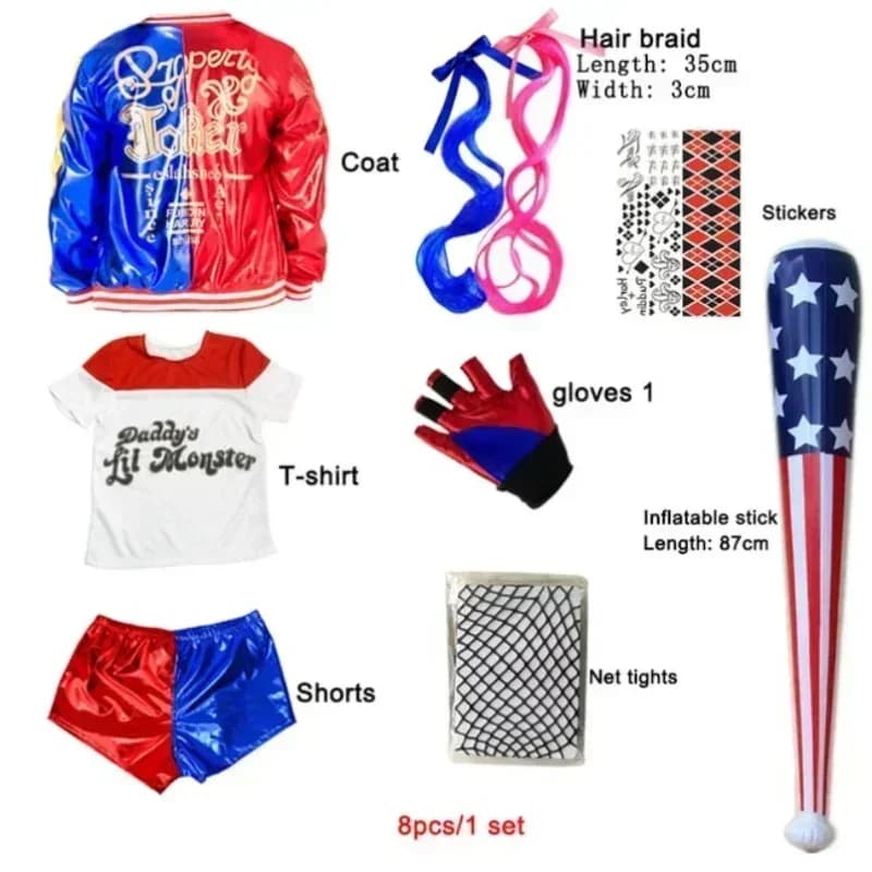 Carnevale Bambini Ragazze Suicide Harley Costumi Cosplay Squad Quinn Monster Joker Giacca Vestito adesivi per tatuaggi Set di pantaloni