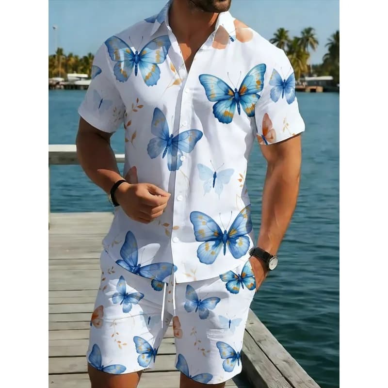 Men's Butterfly Printed Shirt & Shorts Set Lightweight Polyester Breathable Durable Beach Vacation Casual Outfit