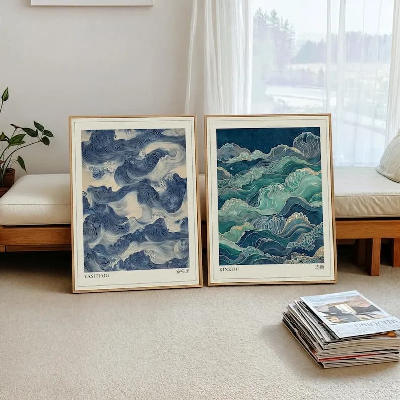 2 poster da parete Japandi con onde verde salvia e blu, stampe su tela Wabi Sabi senza cornice per decorazioni di soggiorno e camera da letto