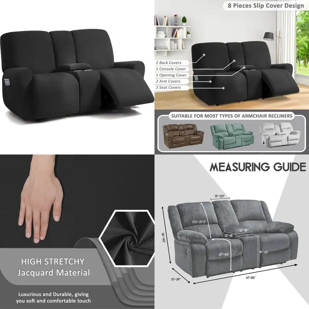 Elastic seat cover for reclining sofa with central console, 8-piece set, 2-seat reclining, jacquard design, long T
