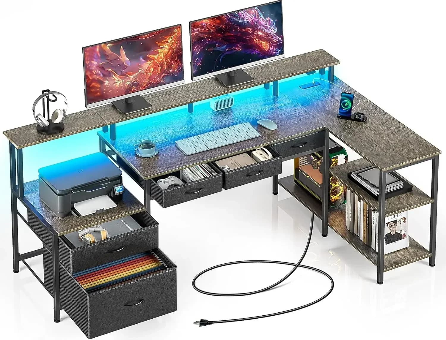 Bestseller Scrivania a L con Cassetti Portadocumenti, Scrivania da Ufficio da 64 Pollici con Presa di Corrente e Luci LED, Scrivania da Gaming Reversibile con Porta Stampante