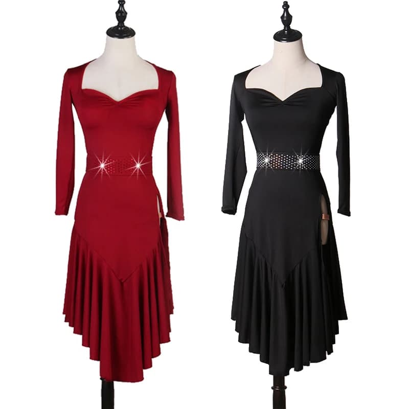 Abiti latini Donna Rumba Cha Cha Abbigliamento da competizione Abito da ballo nero a maniche lunghe per adulti Abbigliamento da pratica per prestazioni latine 4262
