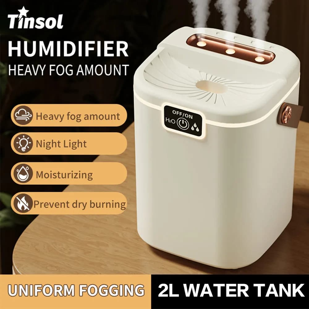 TINSOL Umidificatore per luce notturna a tre ugelli, purificatore d'aria di tipo C con ricarica d'acqua silenziosa di grande capacità da 2 litri per soggiorno camera da letto.