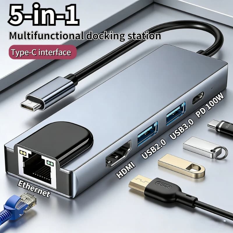 Docking Station Type-C to 5/8 HDMI 4K/RJ45 100M PD Splitter USB 3.0 5Gbps high speed, HUB USB C adapter for laptop and Macbook