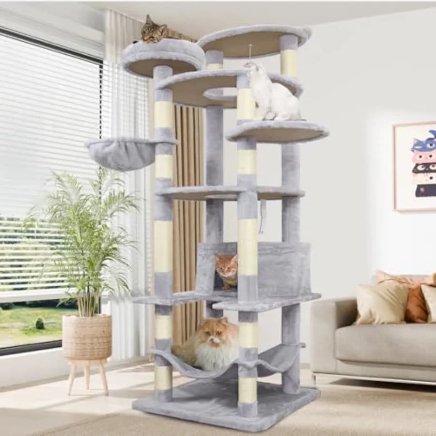 Albero per Gatti Alto 200 cm in Tessuto Brevettato, Torre Multilivello per Gatti Adulti con Cuccia, Amaca e Tiragraffi
