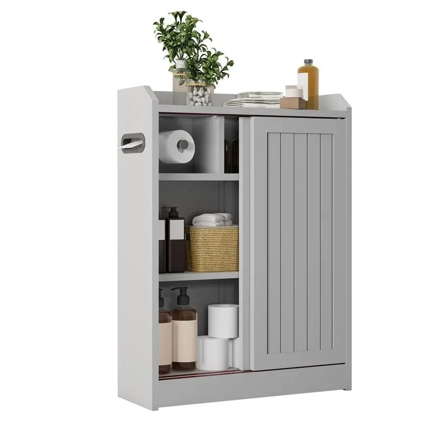 Mobiletto da Bagno, Armadietto Salvaspazio con Ante Scorrevoli, Design Sottile, Ripiani Regolabili, Porta Carta Igienica