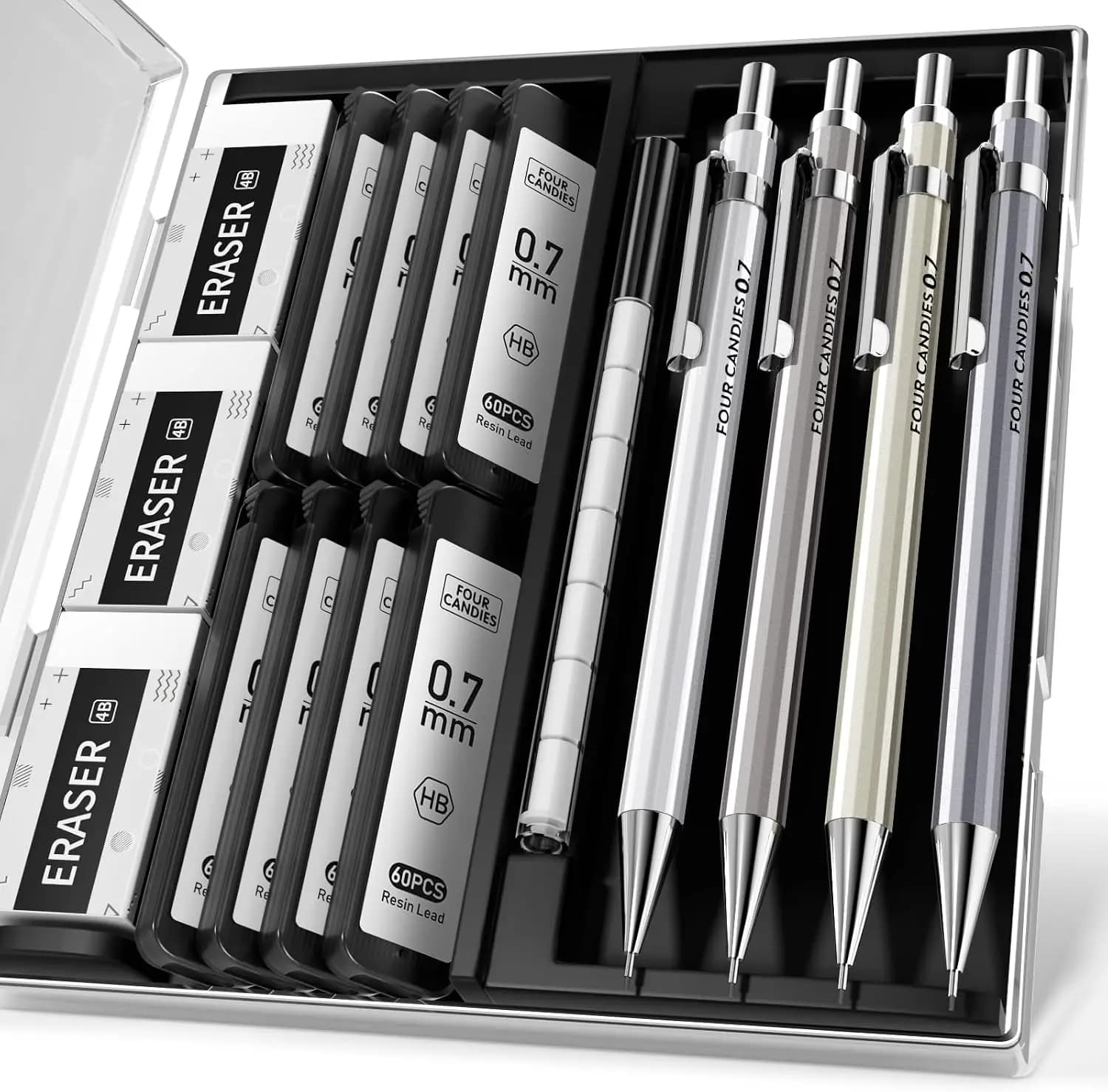 4PCS Metal Mechanical Pencil Set 0.7mm with 480 Leads & Erasers for Writing, Drawing & Drafting